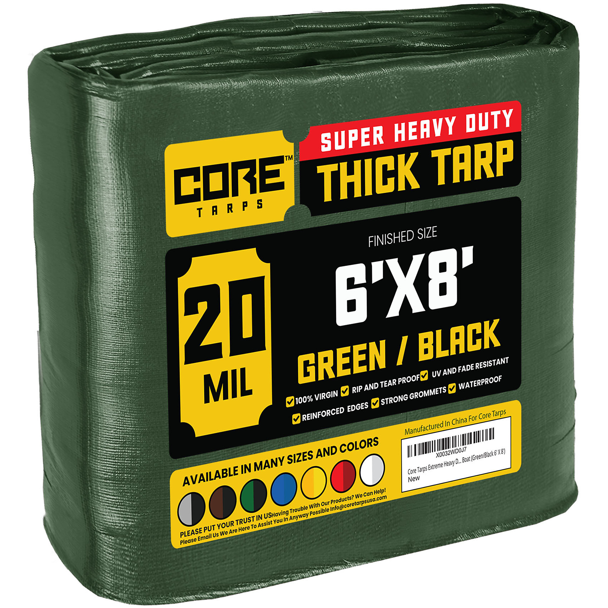 Core Tarps Extreme Heavy Duty 20 Mil Tarp Cover, Waterproof, UV Resistant, Rip and Tear Proof, Poly Tarpaulin with Reinforced Edges for Roof, Camping, Patio, Pool , Boat (Green/Black 6' X 8')